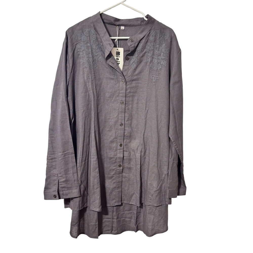 Minibee Womens embroidered tunic top long sleeve‎ button front grey XL Lagenlook
